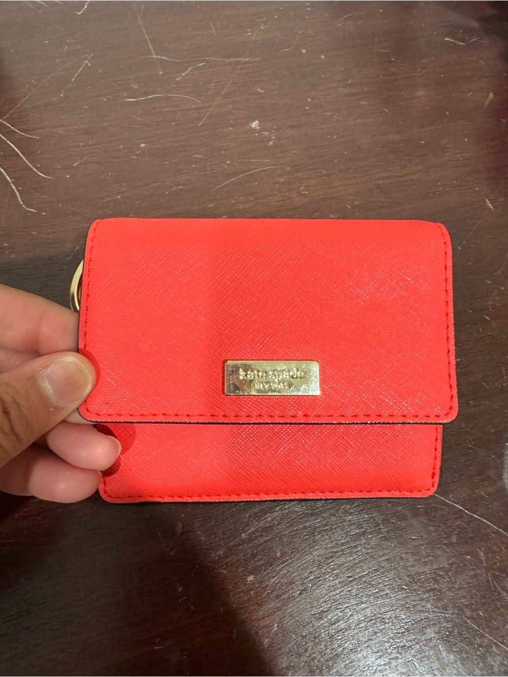 kate spade coral orange saffiano mini wallet with gold plaque